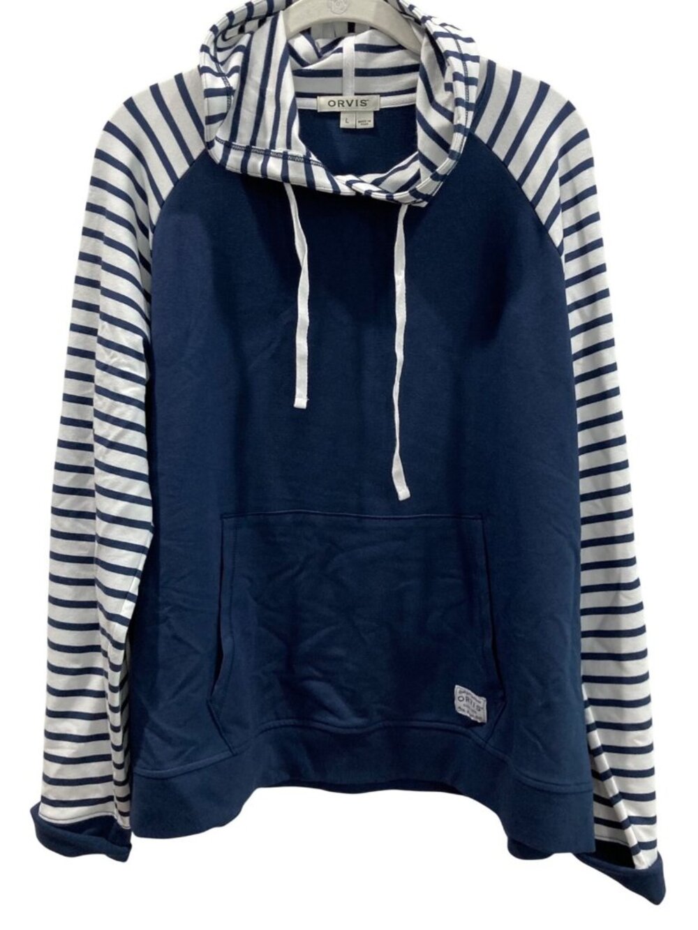 Orvis Striped Hoodie Sweatshirt L Blue White Nautical Sailor Chic Casual Preppy